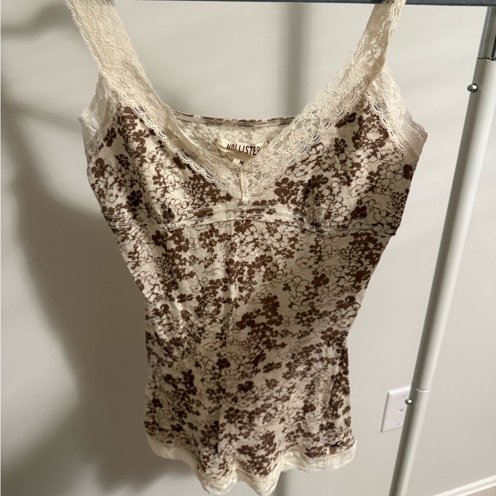 Hollister Cream and Brown Floral Lace Tank Top